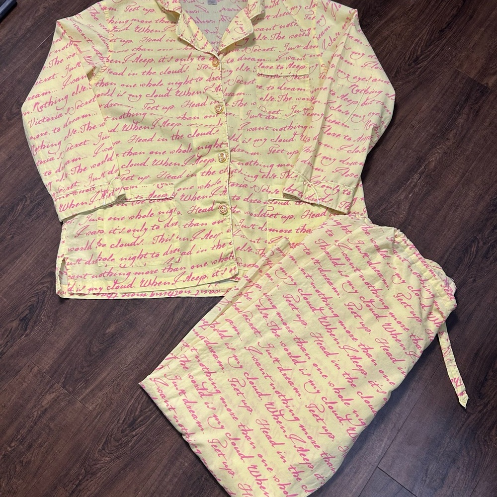 Vintage Victoria's Secret Yellow Pajama Set with Pink Script.